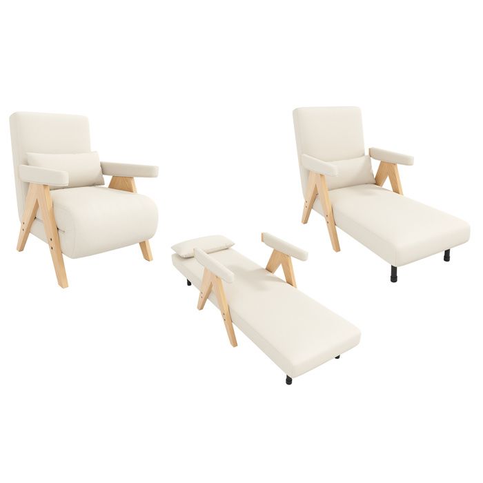 Fauteuil convertible 3-en-1 beige aspect lin dossier réglable 6 positions coussin inclus