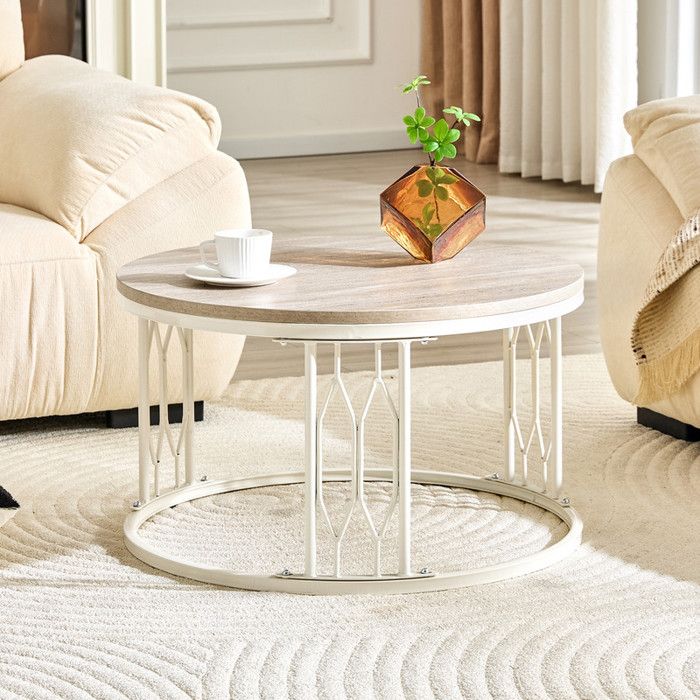 Table basse rondeplateau aspect bois et cadre en métal table de salon minimaliste lumineuse，table de salon moderne
