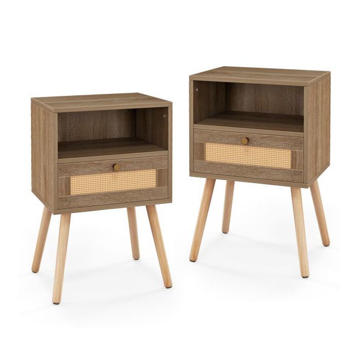 Lot de 2 Tables de Nuit en Rotin - Tiroir Rotin + Étagère Ouverte Pieds Bois Massif - Style Bohème - Naturel