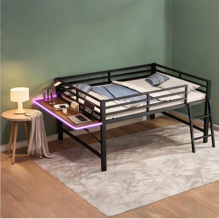 Lit mezzanine enfant en métal noir avec bureau pliant échelle et barrières 140 x 200 cm