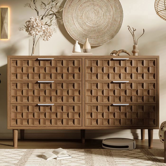 Commode 6 Tiroirs 120 cm Effet Chêne Façades en Relief Poignées Métal Meuble de Rangement Mid-Century