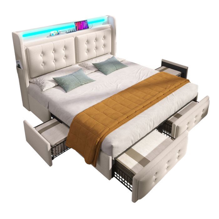 URTR Lit capitonné 160x200 tête LED USB-C 4 tiroirs sommier bois cadre métal 300 kg beige coton