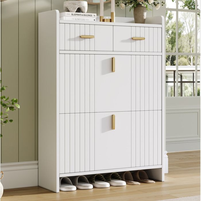Meuble à chaussures AESVAR blanc 75 x 24 x 108 5 cm avec 2 abattants 1 tiroir entrée