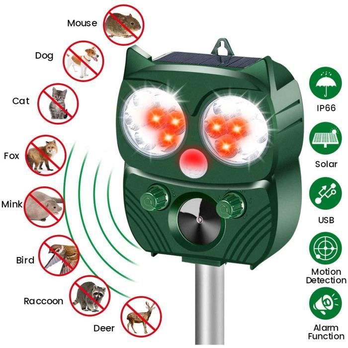 renard Pest Repeller Repulsif Chat Exterieur,R/épulsif Ultrason Etanche Solaire,Avec 2 haut-parleurs /à ultrasons capteur de mouvement PIR et lumi/ère LED,Pour Animaux,Chat 50CM Chiens Souris