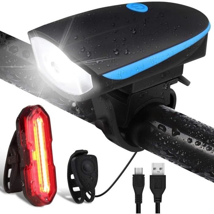 Eclairage Vélo Etanche, Lumière Vélo Arrière 5 Modes et Lampe LED Avant 3 Modes Puissante USB Rechargeable avec Sonnette 120dB