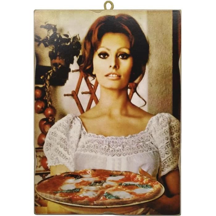Tableau Vintage Sophia Loren Et La Pizza - Déco Bois Pour Pizzeria, Bar Ou Salon (25x18 Cm)