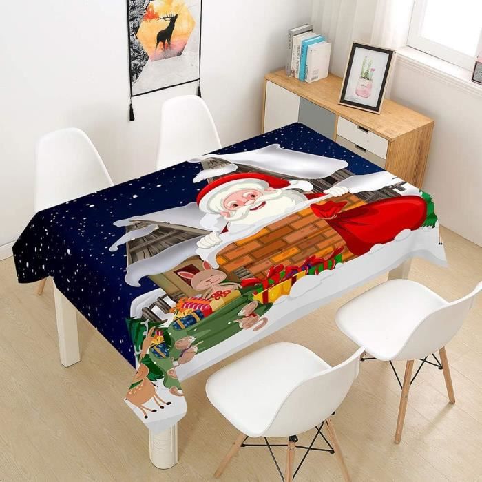 Yrendenge Nappe De Noël Bleu Blanc - 140x240 Cm - Polyester Imperméable - Motif Arbre, Maison, élan - Lavable En Machine
