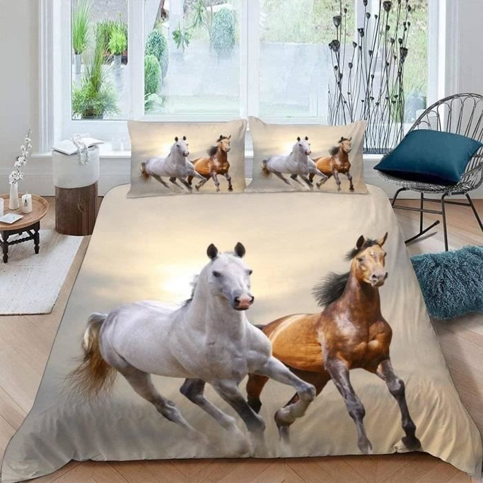 Parure De Lit 220x240 Cm Microfibre - Motif Cheval Au Galop, 2 Taies 65x65 Cm, Réversible Et Fermeture éclair