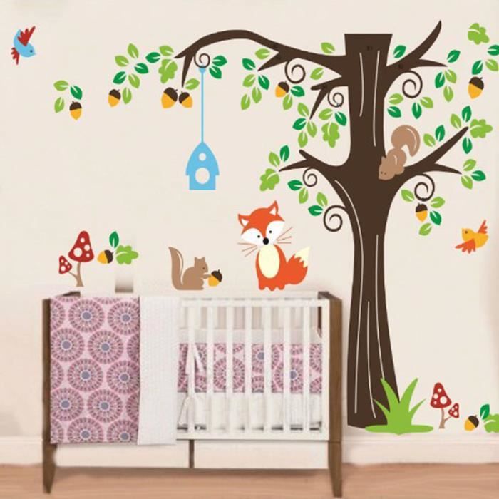 Sticker mural arbre forêt renard et petits animaux Cdiscount Maison