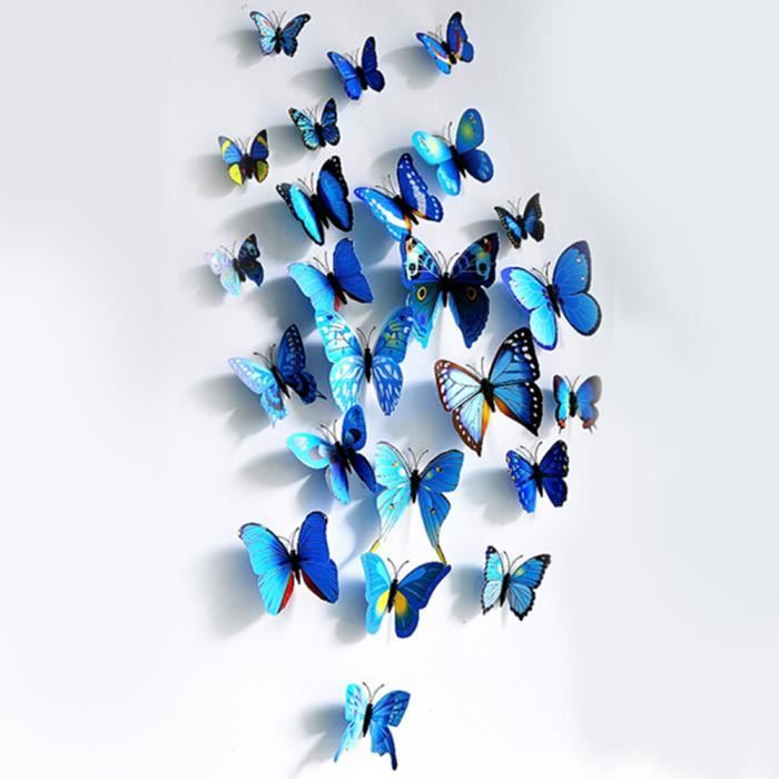 Stickers muraux 3D Fleurs bleues et papillons Décoration murale