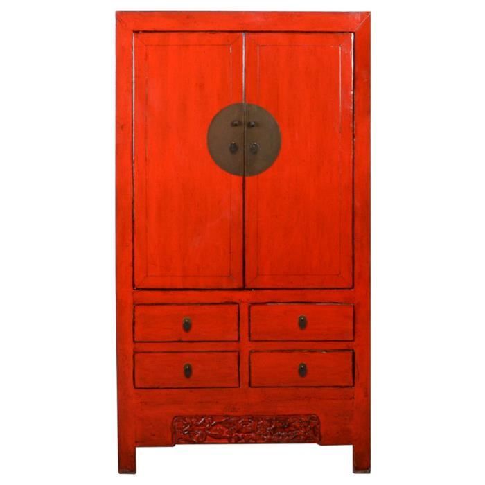 Armoire Décorative Rouge Avec Poignées Bronze Armoire Chinoise / Garde-Robe De Mariage Rouge - Bois - 85x114x39 Cm - Neuf - Style Oriental Armoire Vintage