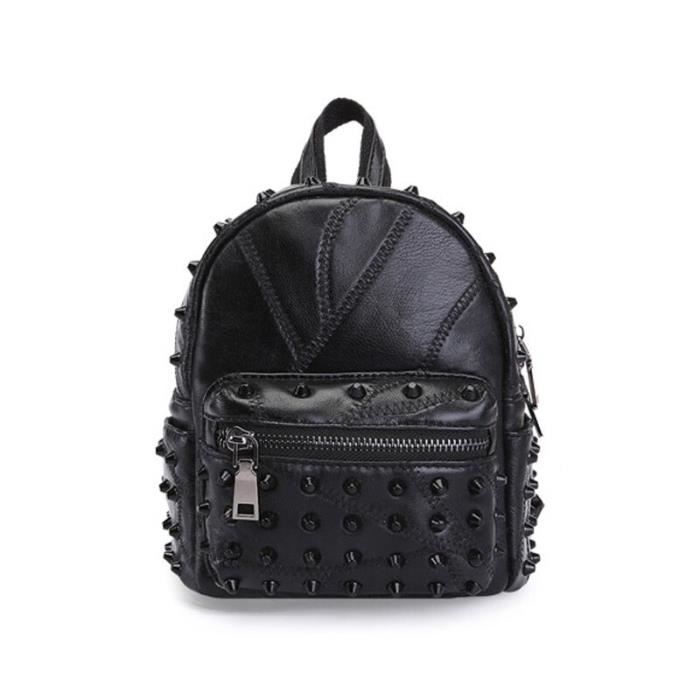 La couleur noire Sac ?� dos en cuir v?�ritable ?� rivets pour femmes, petit sac ?� dos noir mignon 