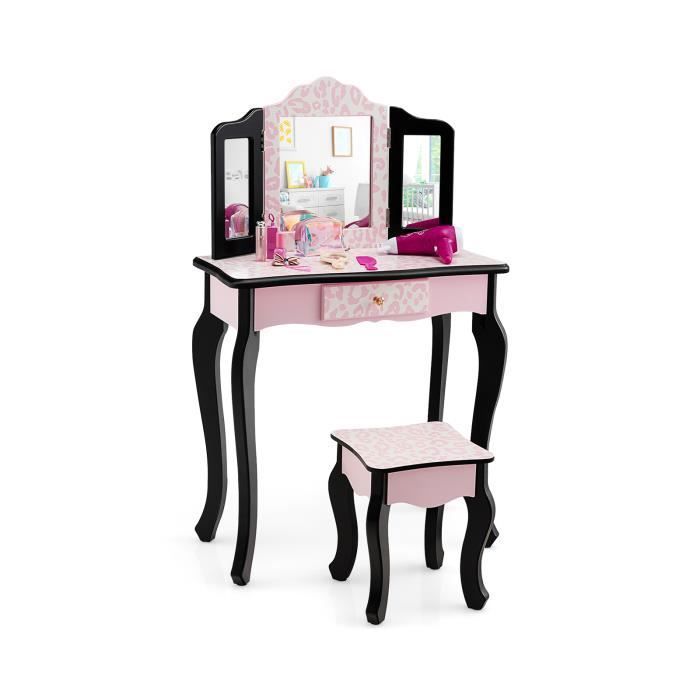 COSTWAY Coiffeuse Avec Tabouret ,Table De Maquillage Pour Enfants, Style Princesse Européenne