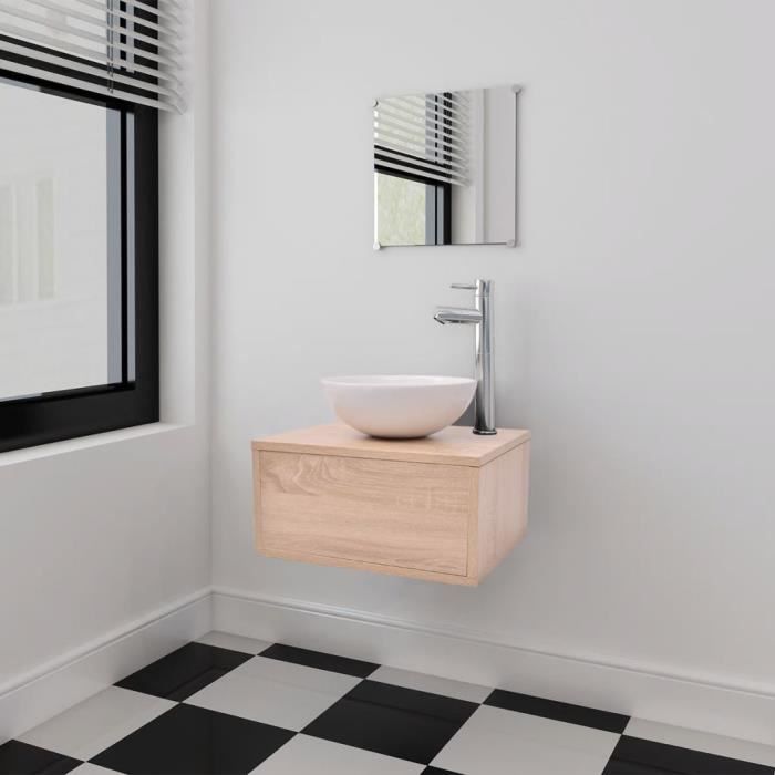 Meuble de salle de bain 4 pcs avec lavabo et robinet Beige-TIP