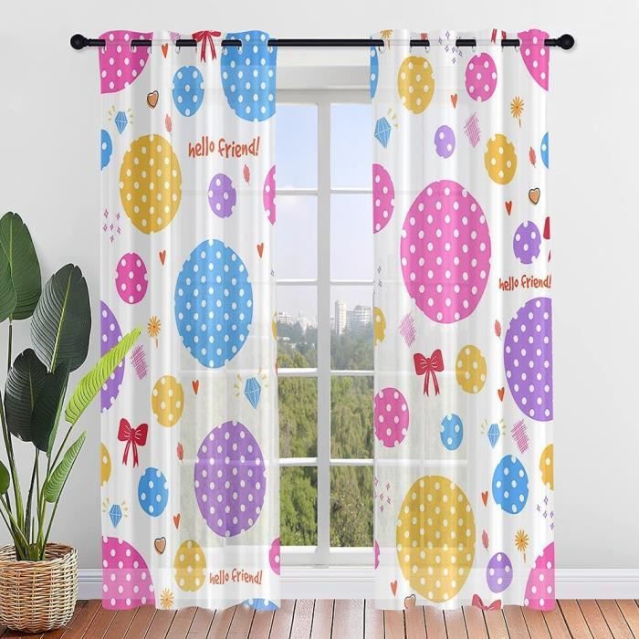 Rideaux Voilage Points Colorés - 2 Panneaux 135x244cm, Oeillets, Pour Chambre, Salon, Balcon