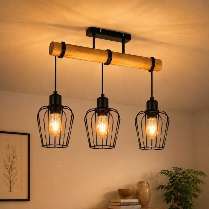 HOMEFIRE Plafonnier bois métal noir 3 E27 – Luminaire vintage industriel avec hauteur réglable pour salon et restaurant
