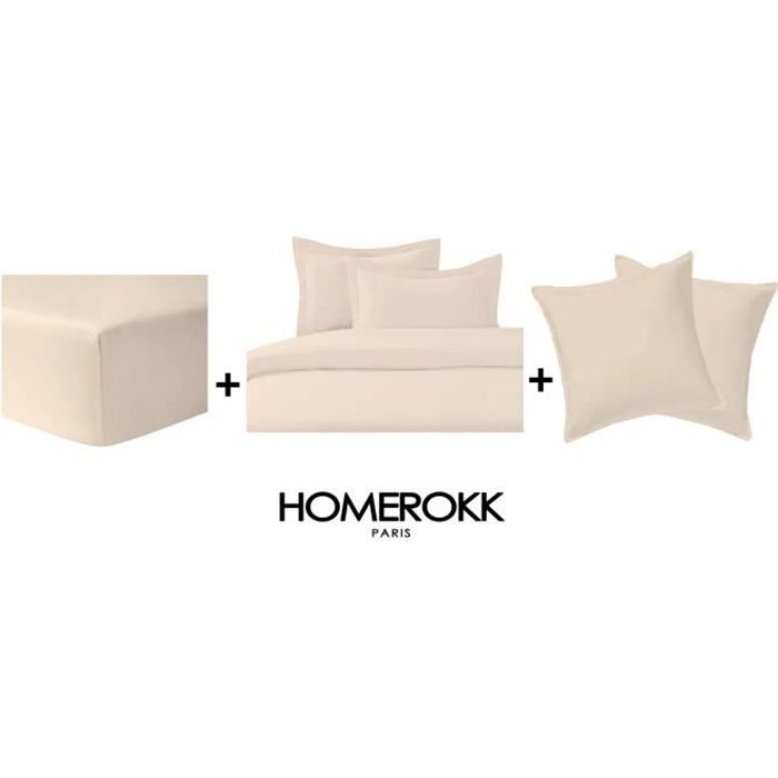 Ensemble de literie - HOMEROKK - Housse de couette 220x240 - 2 Taies 65x65 - Drap housse 140x190 - Beige Ensemble de literie - HOMEROKK - Housse de couette 220x240 - 2 Taies 65x65 - Drap housse 140x190 - Beige