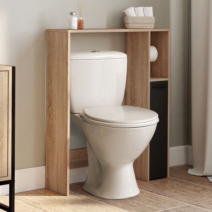 IDMARKET Meuble dessus WC WALLIS avec placard façon hêtre et noir IDMARKET Meuble dessus WC WALLIS avec placard façon hêtre et noir