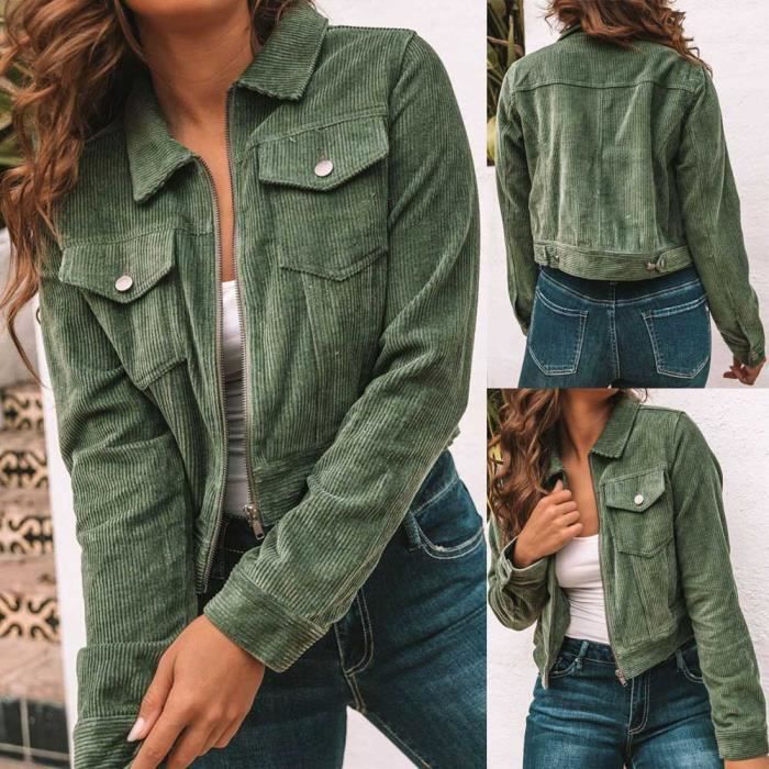 Confor Femmes Manteau Court En Velours Cotele Poche Hiver Manches Longues Gardez Manteau Chaud De La Mode Ert3410 Vert Cdiscount Pret A Porter