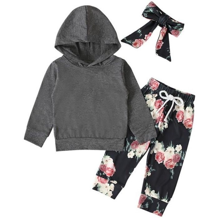 0-24 Mois Ensemble de Vêtement pour Bébé Fille : Sweat-shirt à Capuche Gris Uni + Pantalon Fleuri + Serre-tête