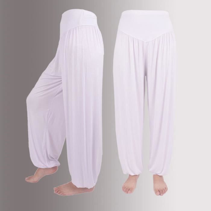 pantalon sarouel de danse de sport de yoga décontracté en coton élastique pour femmes - blanc