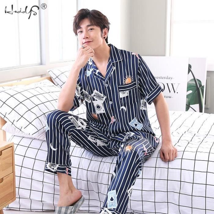 Pyjama femme long Ensemble pyjama en Satin et soie pour Couple vetements de nuit manches longues et Short pour femmes et hommes Cm short blue Cdiscount Pret a Porter