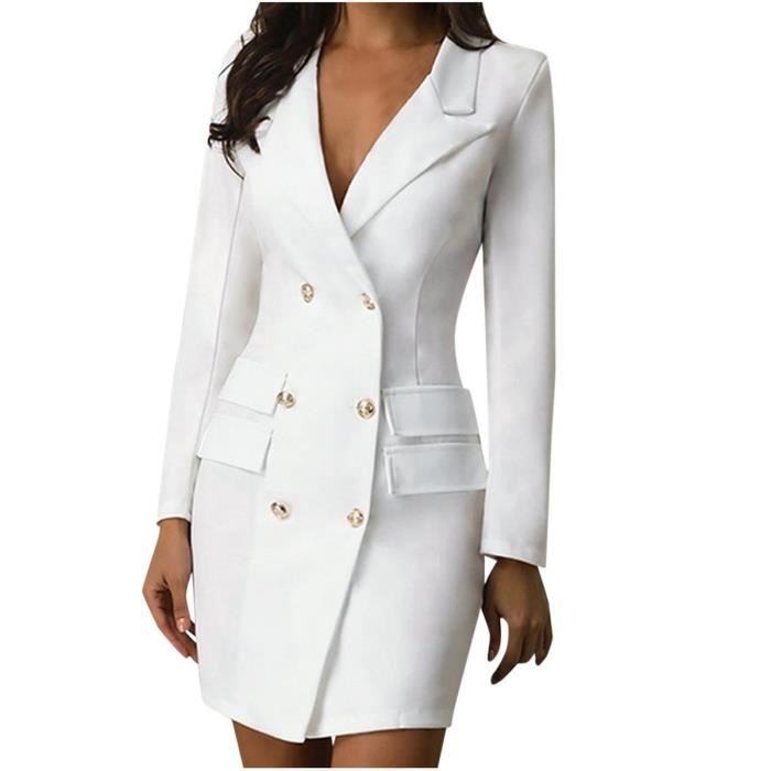 Robe Mode Femmes Solide Bouton ?? Double Boutonnage Dames Avant Style Mince Blanc Blanc 