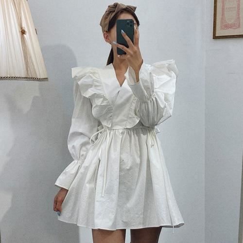 Robe Gagaok femmes Vintage Empire Mini robe 2020 ete nouveau solide col en v manches evasees volants mince Simple Chic Type WHITE Blanc Cdiscount Pret a Porter
