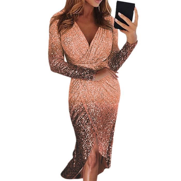 Robe Femme Robe Soiree Manches Longues Robe Cocktail Robe Moulante a Paillettes Sexy Jaune d or LC Orange Cdiscount Pret a Porter