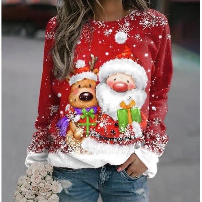Femme Pulls De Noël Drôle Col Rond Tricoté Chandail Hiver Chaud Sweat Hauts à Manches Longues red S-6XL