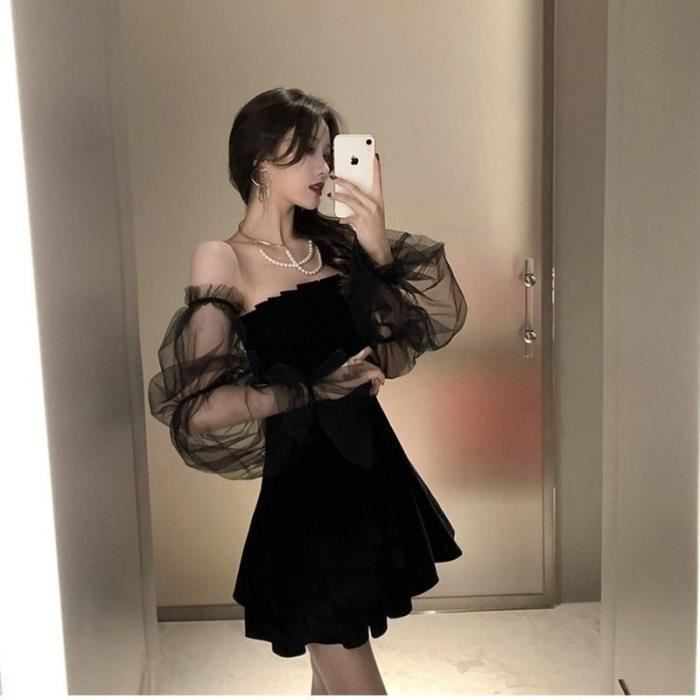 Robe Mini robe noire en mousseline de soie pour femmes tenue retro en dentelle Sexy mode coreenne Club 2022 Black E8806 Blanc Cdiscount Pret a Porter