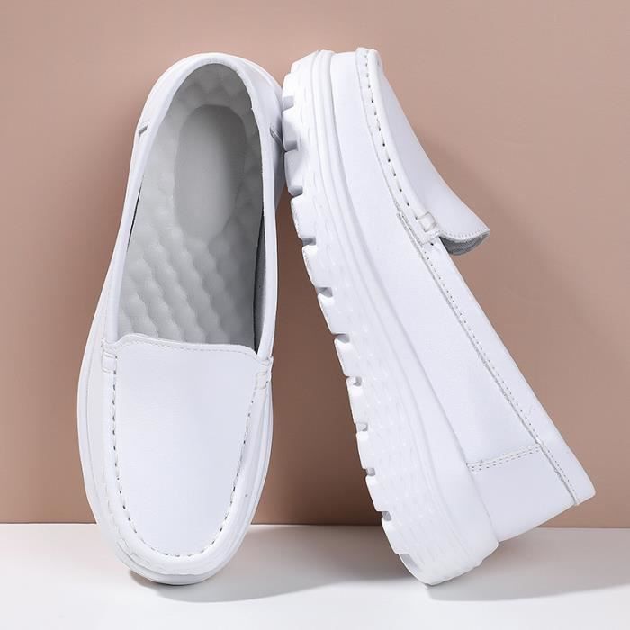 Mocassin Femme en Cuir Blanc Légèreté Confortable Antidérapant