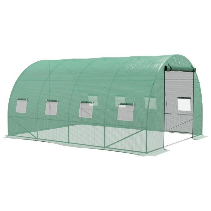 Serre de jardin tunnel 12 m² système d'arrosage intégré acier renforcé PE haute densité vert