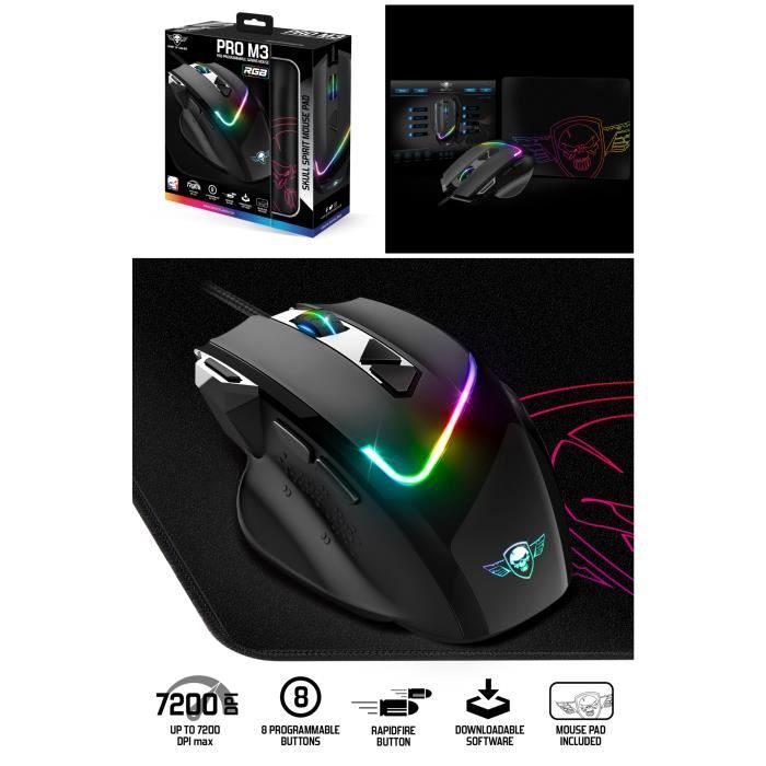 Spirit OF Gamer Souris Gamer - PRO M3 RGB - 7200 DPI - 8 Boutons Programmables - Filaire