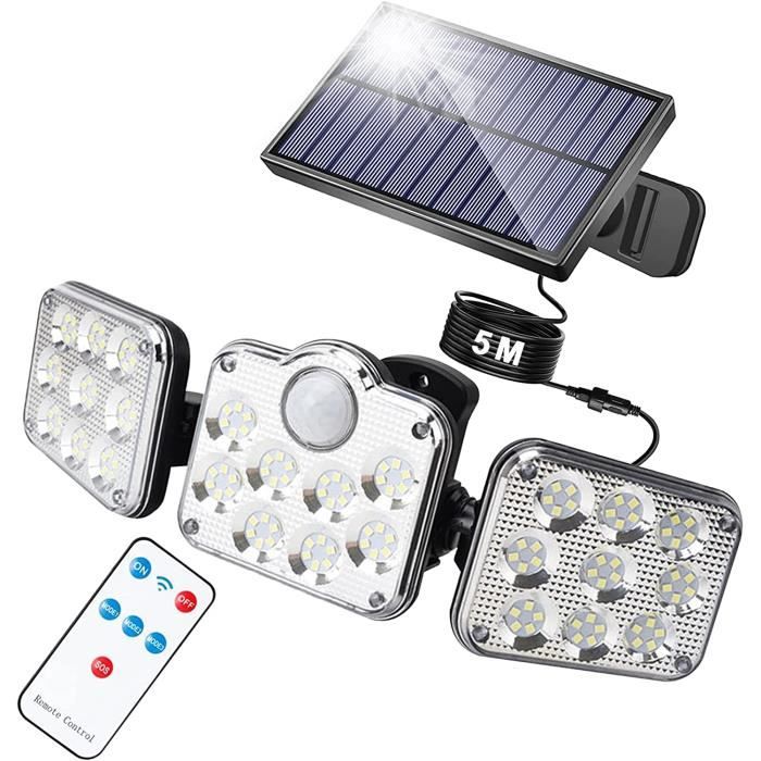 Projecteur Solaire Extérieur 3 Têtes Avec Détecteur De Mouvement - 138 LEDs, 1200 Lm - IP65 - 3 Modes - Pour Jardin, Allée, Garage - 6