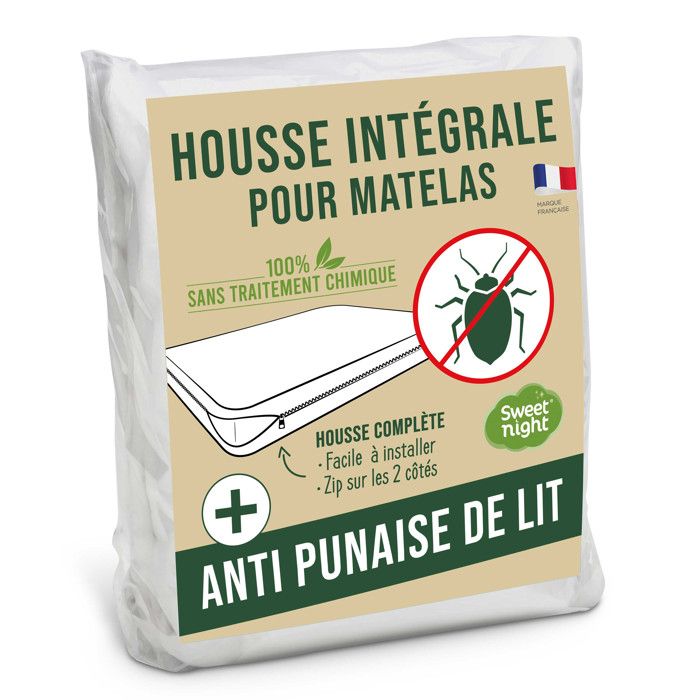 Housse intégrale matelas 180x200x30 cm Anti-Punaise de lit Fermeture à glissière Sans traitement chimique