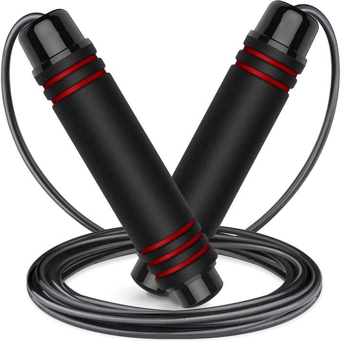 Corde à Sauter Réglable TOQIBO – Poignée Lestée – Roulement à Billes – Câble Acier Gainé PVC – Enfant/Adulte