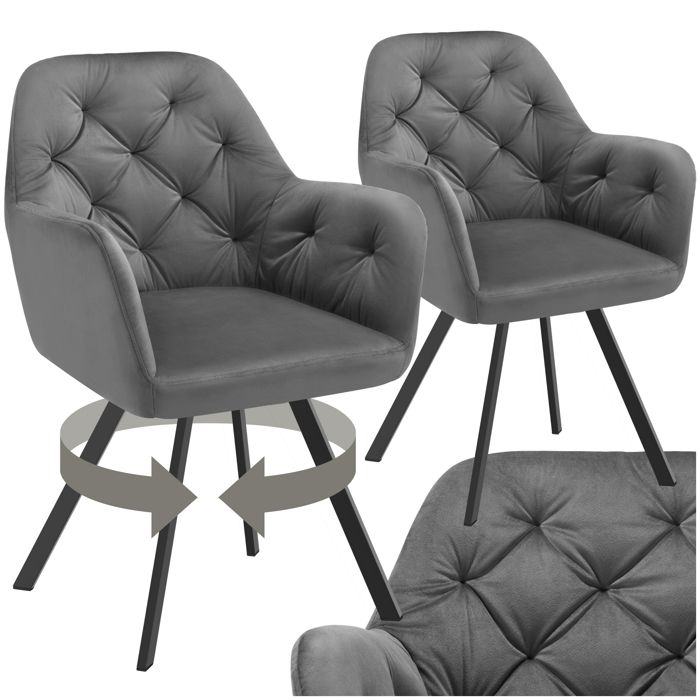 Chaise - TECTAKE - Lot de 2 fauteuils LUCIA pivotants et rembourrés en velours motif matelassé 58 x 58 x 87 cm - Gris