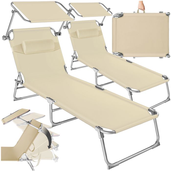 TecTake 2X Chaise Longue de Jardin Pliante Transat Bain Soleil Pare Soleil Appuie Tête 