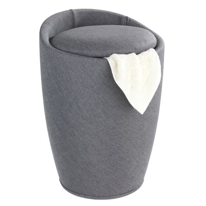 WENKO Tabouret Panier à linge coffre à linge et tabouret salle de bain Candy aspect lin 20 litres Plastique Ø 36x50 5 cm gris