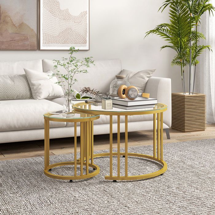 Lot De 2 Tables Basses Gigognes Rondes - Plateau MDF Imitation Travertin, Pour Salon, Chambre (Jaune Clair)