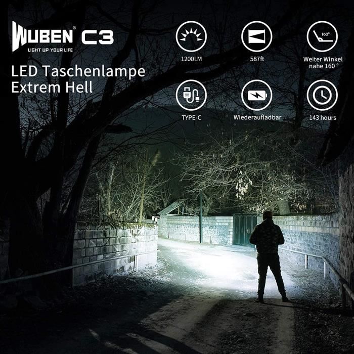 WUBEN C3 USB Lampe Torche Rechargeable, 1200 Lumens Lampe Torche
