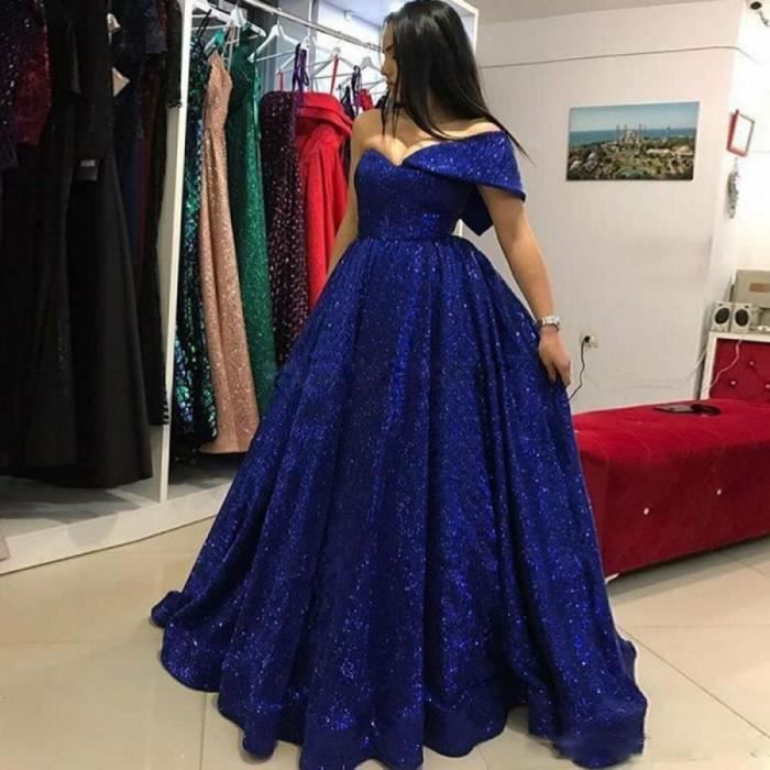 Robe de soiree de forme trapeze asymetrique epaule denudee bleu marine paillettes longueur au sol arabie saoudite Blanc Cdiscount Pret a Porter
