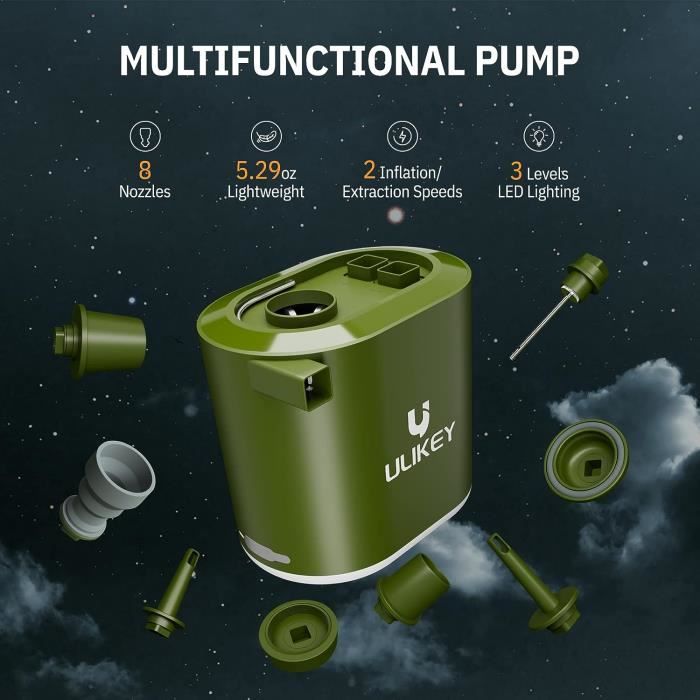 Pompe à Air électrique HOTUT 4000 MAh – Gonfleur/dégonfleur Avec Lampe Camping Et Afficheur LED, 5 Buses Incluses
