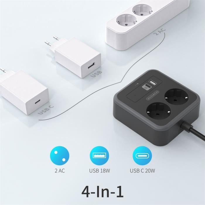 NTONPOWER Multiprise Electrique USB, Tour Multiprise Parafoudre et  Surtension(4000W/16A) avec 12 Prises et 4 Ports USB, avec 4 Interrupteurs