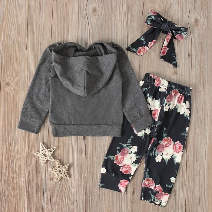 0 24 Mois Ensemble de Vetement pour Bebe Fille Sweat shirt a Capuche Gris Uni Pantalon Fleuri Serre tete Gris Cdiscount Pret a Porter
