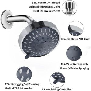 Pommeau de Douche, Pommeau Douche Haute Pression avec Tuyau 2M, 5 Modes Pommeau de Douche, Pommeau Douche Haute Pression avec Tuyau 2M, 5 Modes