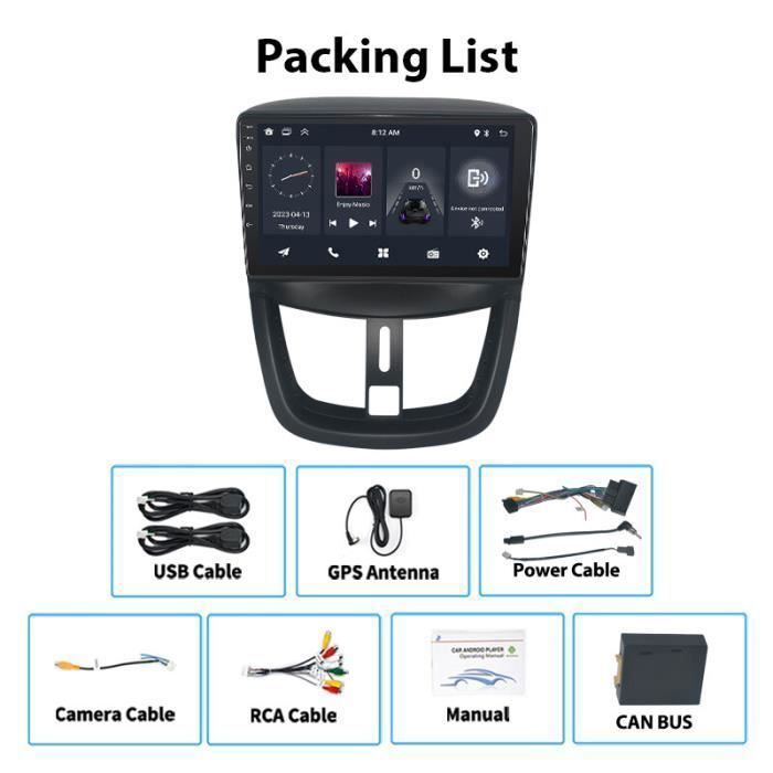 2G+64G Android Autoradio Pour Peugeot 207 2006-2015 Avec Wireless Carplay & Android Auto, Autoradio à Écran Tactile 9 Pouces Avec WiFi, Navigation GPS, Bluetooth, FM RDS