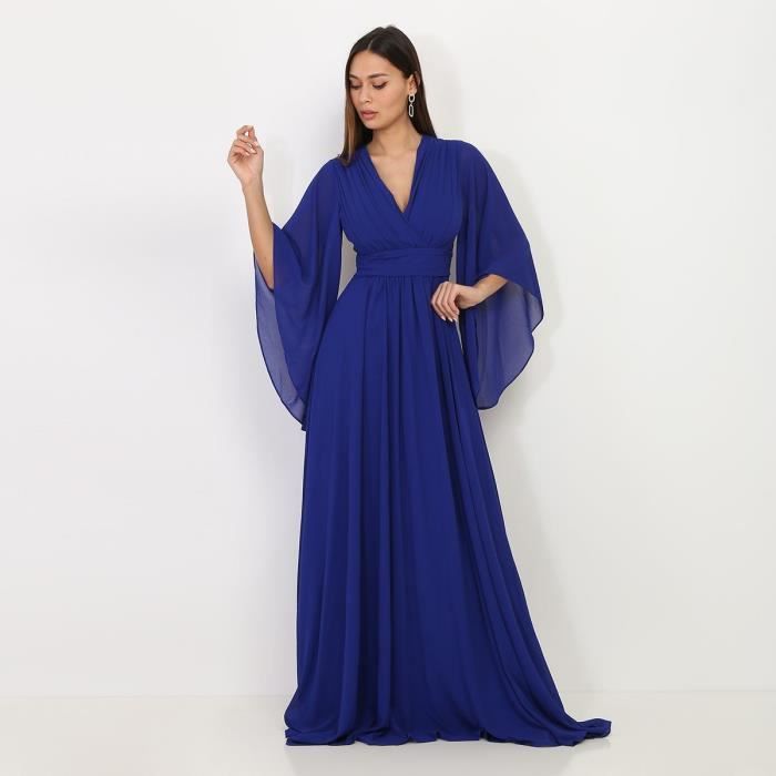Robe longue drapee bleu roi a manches volantees Bleu Cdiscount Pret a Porter