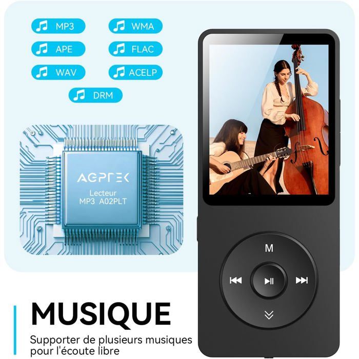Lecteur MP3 Bluetooth 5.4 AGPTEK 64 Go - Haut-parleur Intégré, Son Hi-Fi, Radio FM, écran Tactile - Baladeur Portable Métal - 12